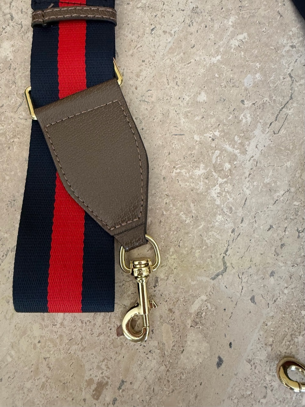 Adjustable Navy Red Striped Replacement Bag Strap Gold Buckle Faux Brown Leather - Picture 4 of 4
